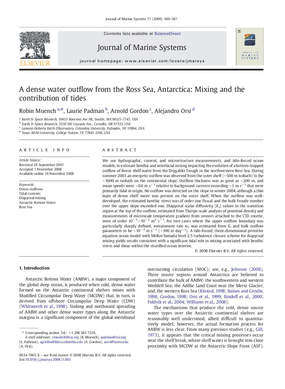 A dense water outflow from the Ross Sea, Antarctica: Mixing and the contribution of tides