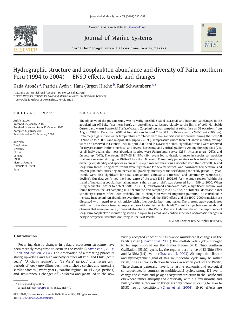 Hydrographic structure and zooplankton abundance and diversity off Paita, northern Peru (1994 to 2004) — ENSO effects, trends and changes