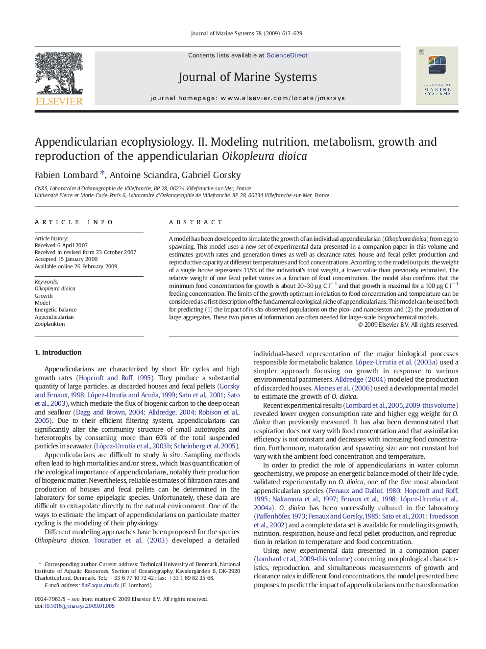 Appendicularian ecophysiology. II. Modeling nutrition, metabolism, growth and reproduction of the appendicularian Oikopleura dioica