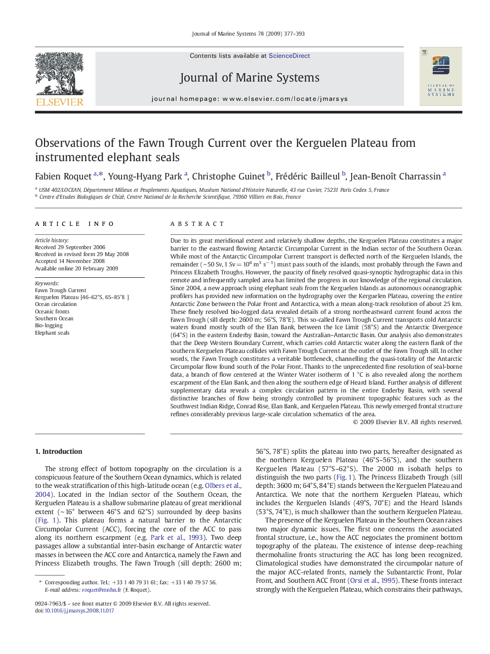 Observations of the Fawn Trough Current over the Kerguelen Plateau from instrumented elephant seals