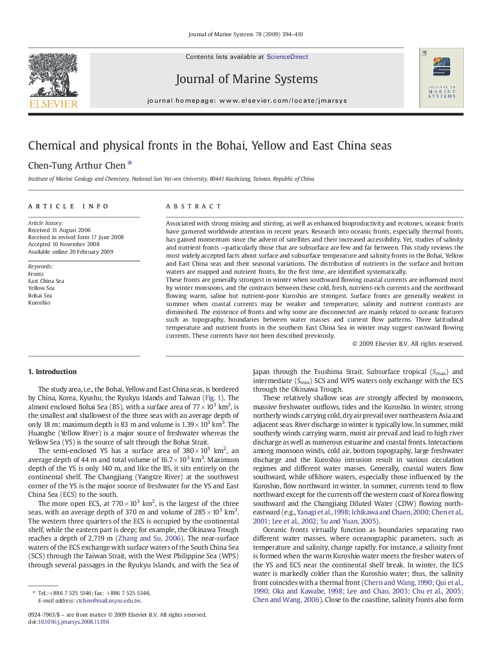 Chemical and physical fronts in the Bohai, Yellow and East China seas