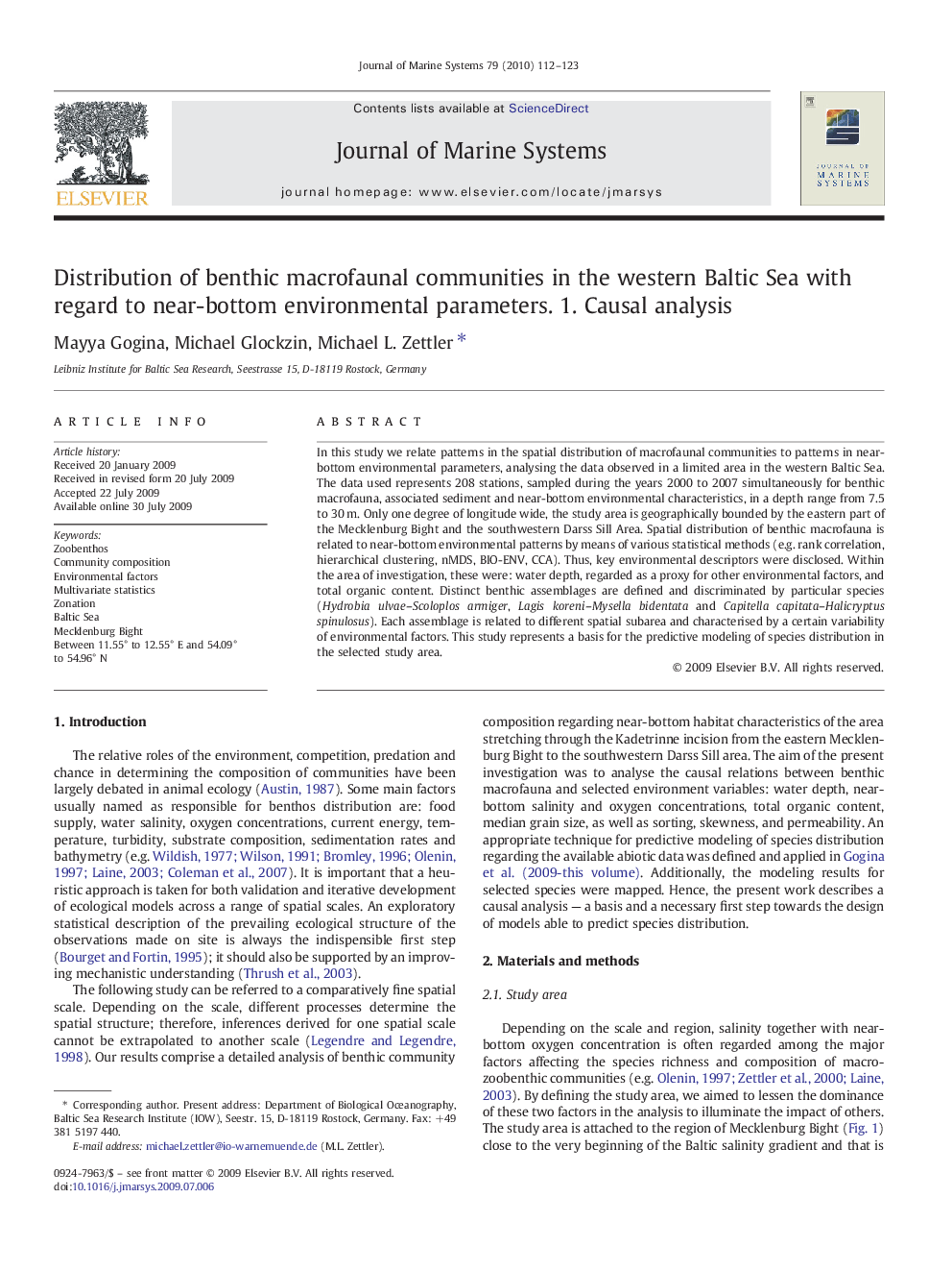 Distribution of benthic macrofaunal communities in the western Baltic Sea with regard to near-bottom environmental parameters. 1. Causal analysis