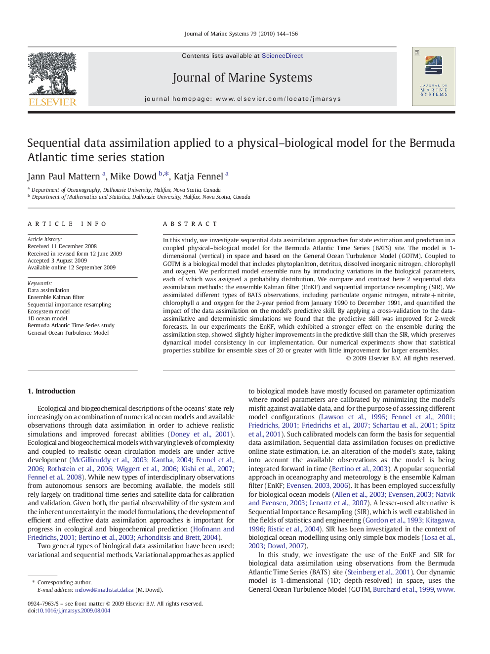 Sequential data assimilation applied to a physical–biological model for the Bermuda Atlantic time series station