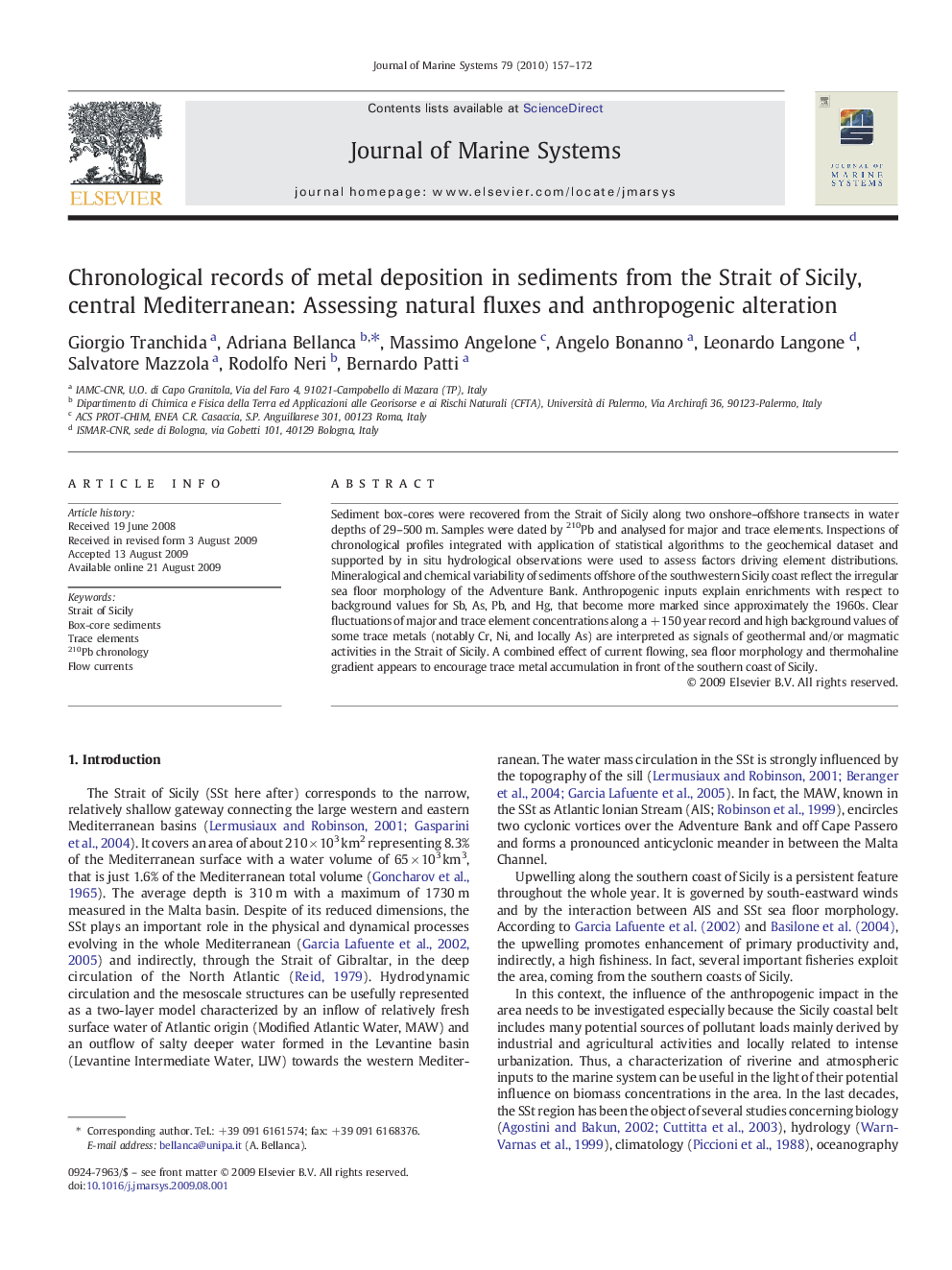 Chronological records of metal deposition in sediments from the Strait of Sicily, central Mediterranean: Assessing natural fluxes and anthropogenic alteration