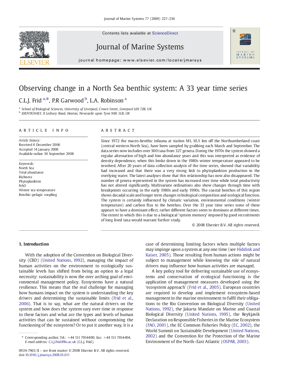 Observing change in a North Sea benthic system: A 33 year time series