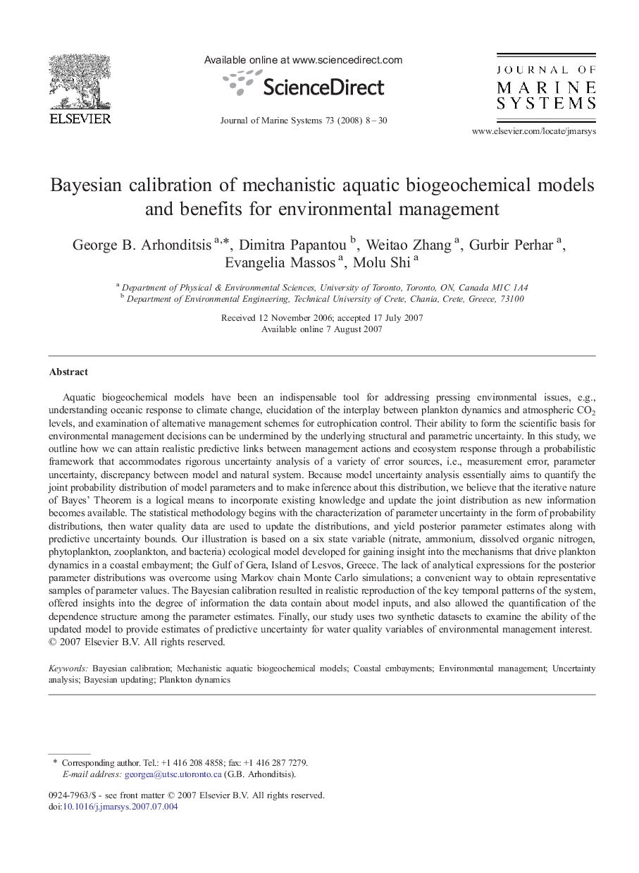 Bayesian calibration of mechanistic aquatic biogeochemical models and benefits for environmental management