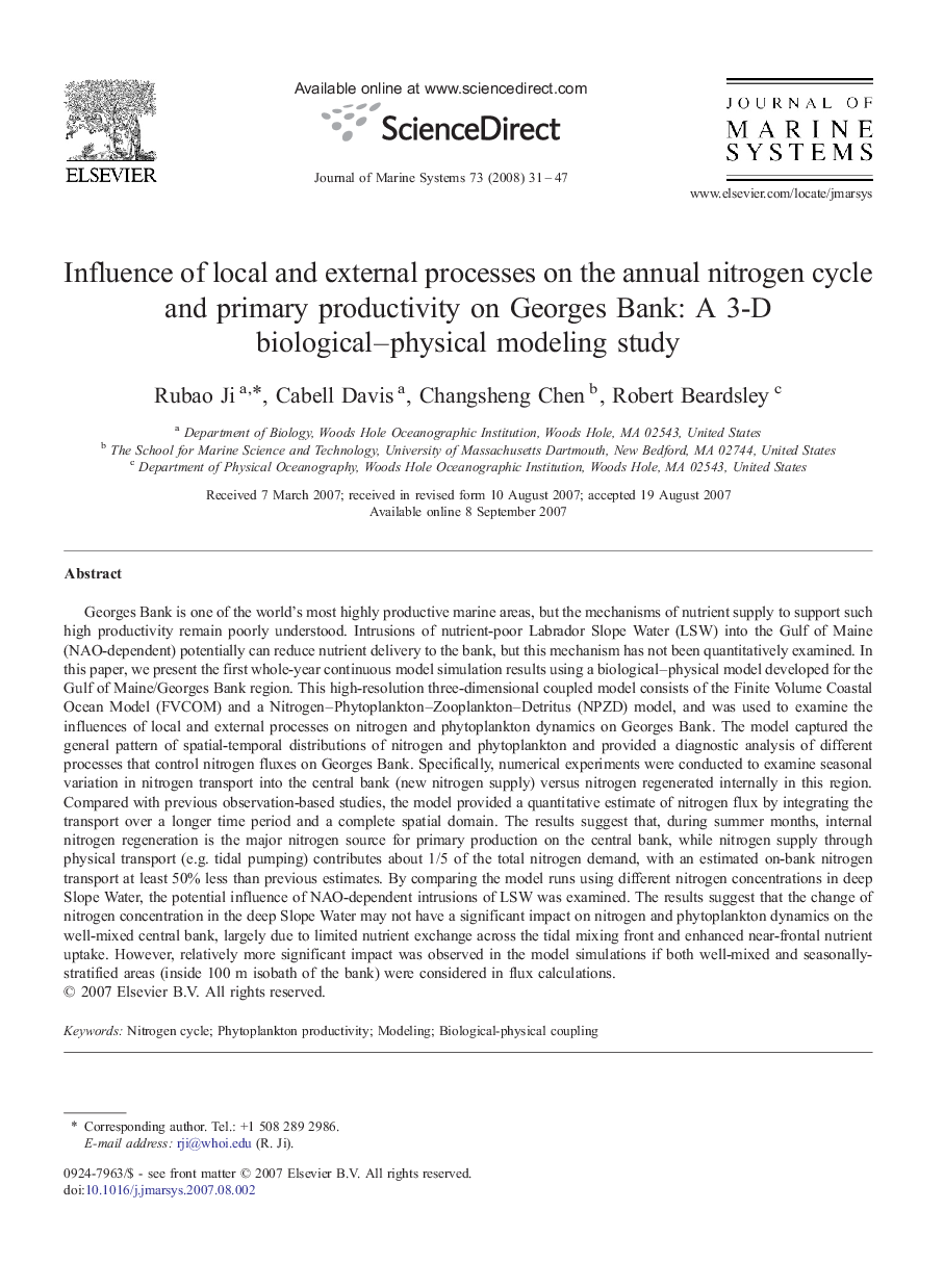 Influence of local and external processes on the annual nitrogen cycle and primary productivity on Georges Bank: A 3-D biological-physical modeling study