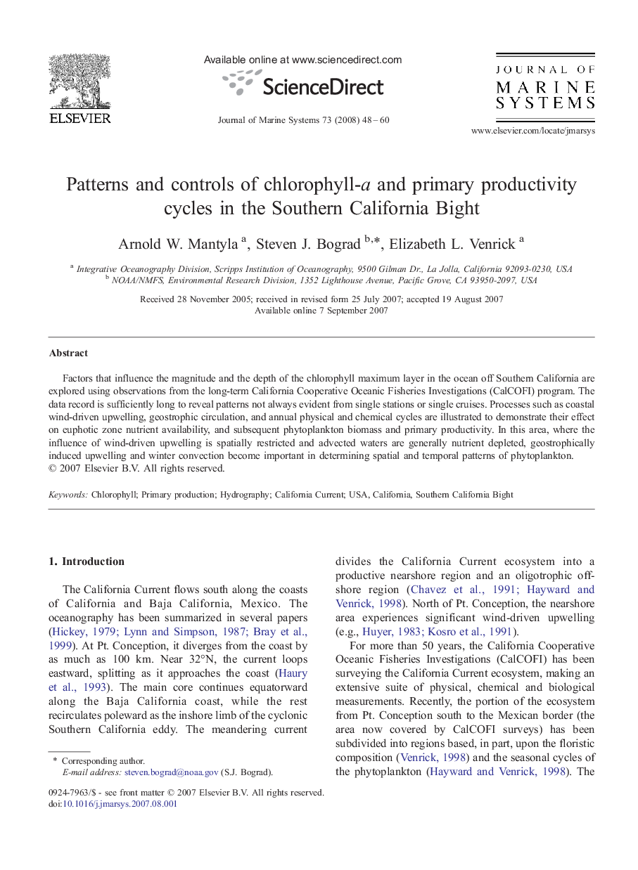 Patterns and controls of chlorophyll-a and primary productivity cycles in the Southern California Bight