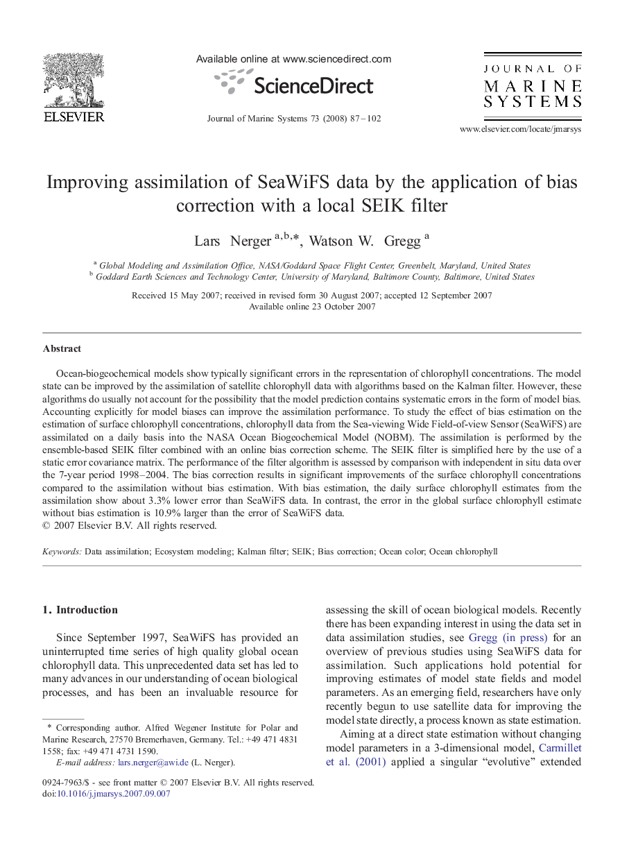 Improving assimilation of SeaWiFS data by the application of bias correction with a local SEIK filter