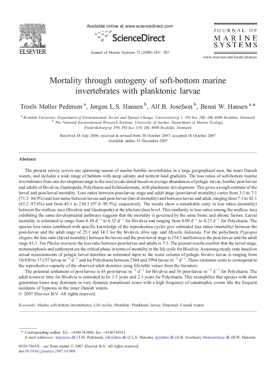 Mortality through ontogeny of soft-bottom marine invertebrates with planktonic larvae