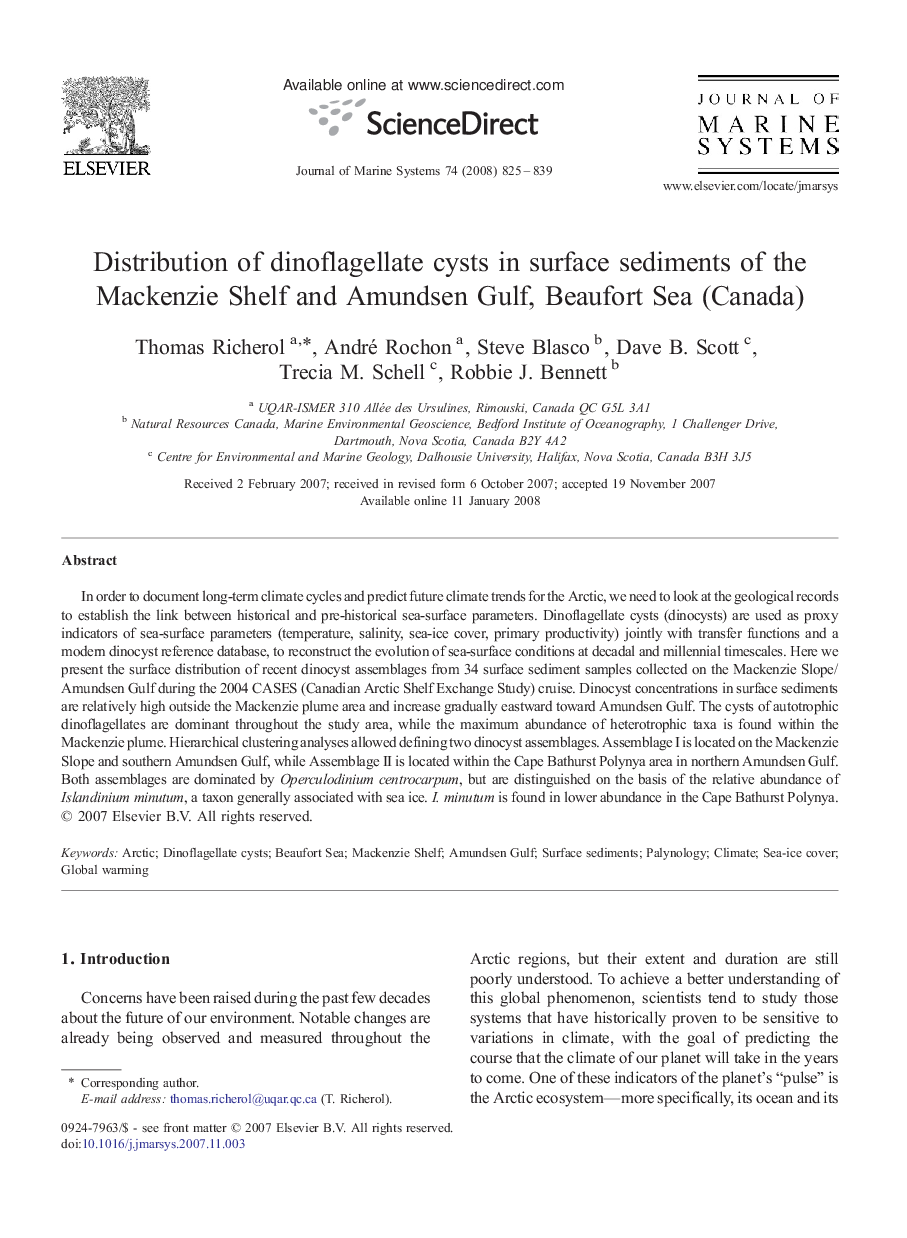 Distribution of dinoflagellate cysts in surface sediments of the Mackenzie Shelf and Amundsen Gulf, Beaufort Sea (Canada)