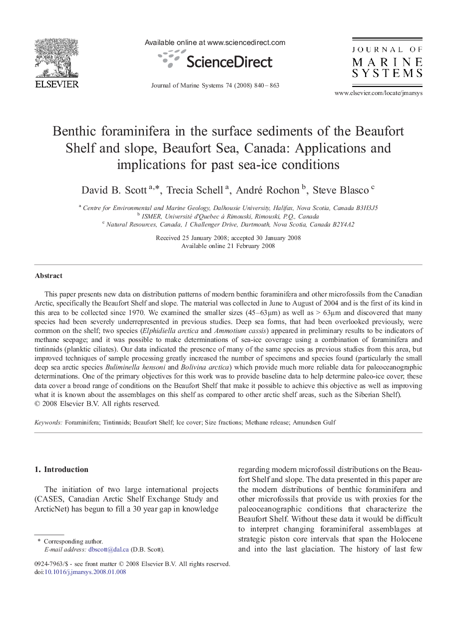 Benthic foraminifera in the surface sediments of the Beaufort Shelf and slope, Beaufort Sea, Canada: Applications and implications for past sea-ice conditions