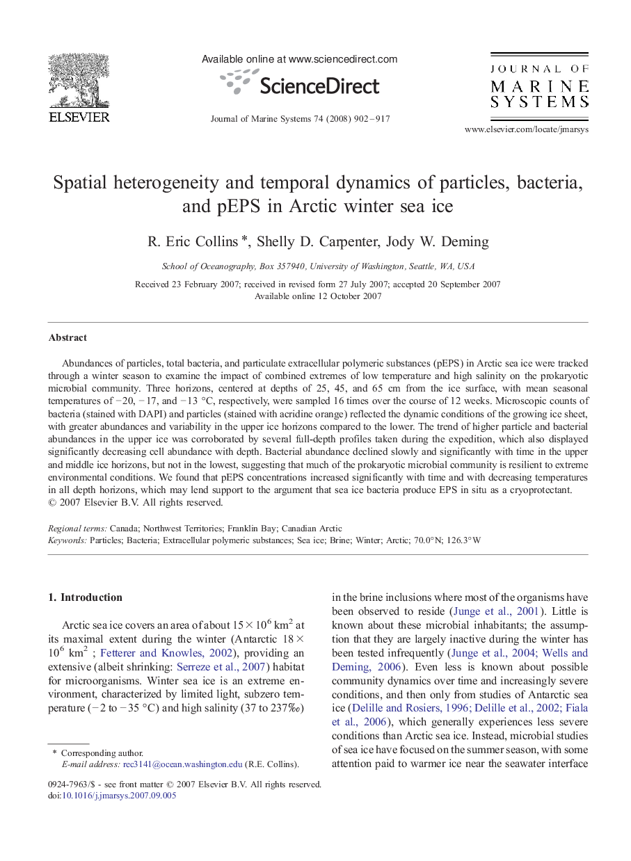 Spatial heterogeneity and temporal dynamics of particles, bacteria, and pEPS in Arctic winter sea ice