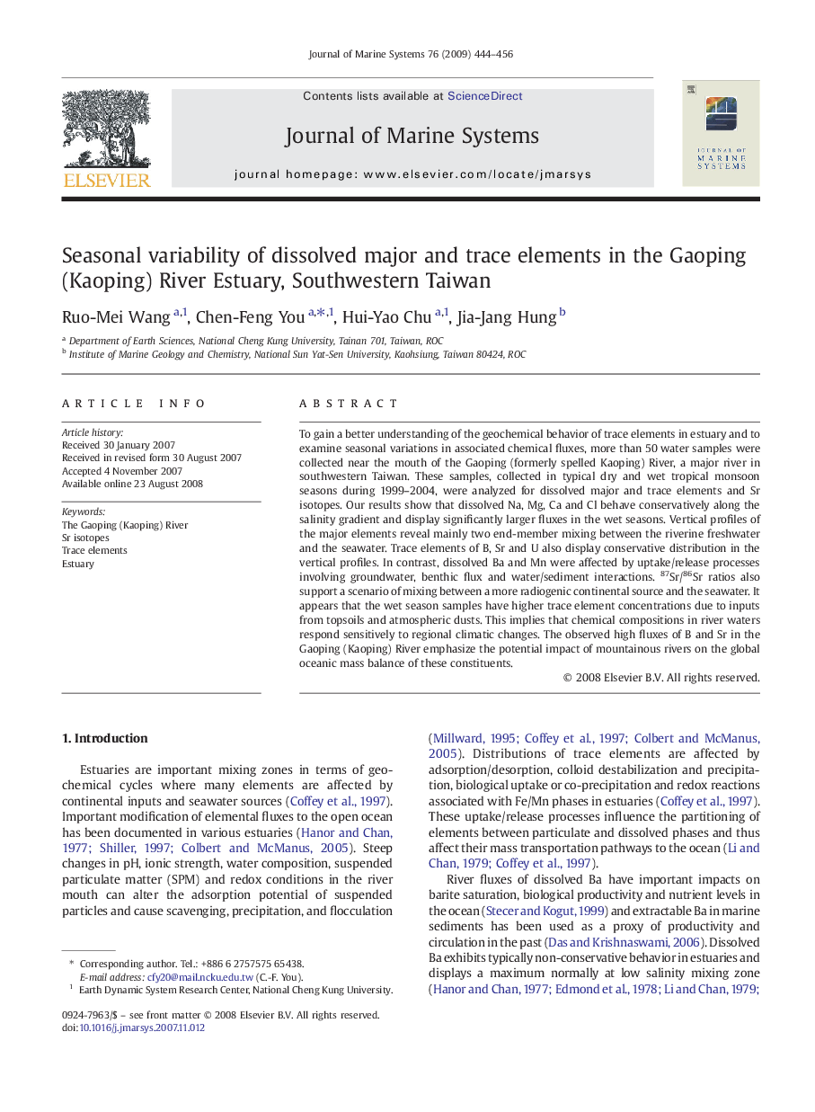 Seasonal variability of dissolved major and trace elements in the Gaoping (Kaoping) River Estuary, Southwestern Taiwan