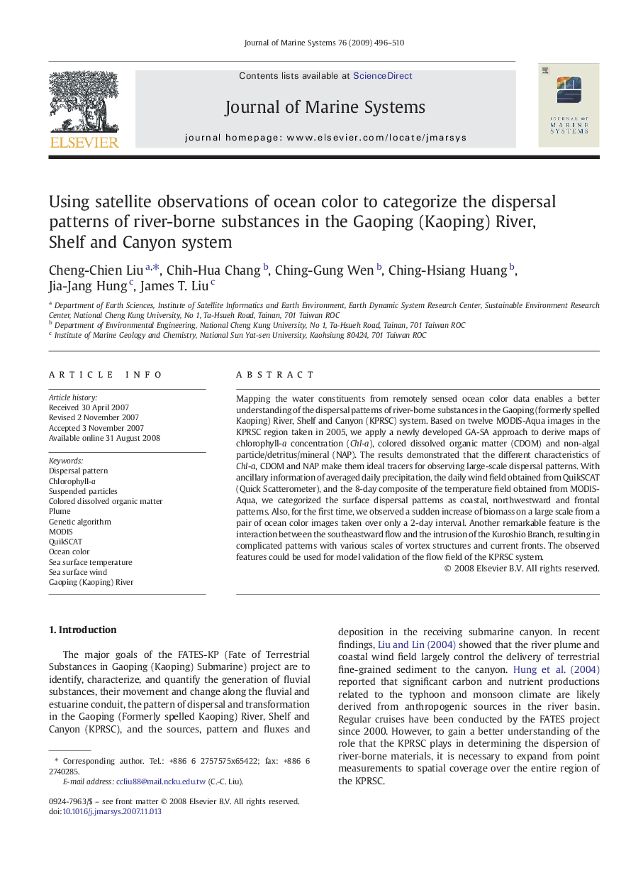 Using satellite observations of ocean color to categorize the dispersal patterns of river-borne substances in the Gaoping (Kaoping) River, Shelf and Canyon system