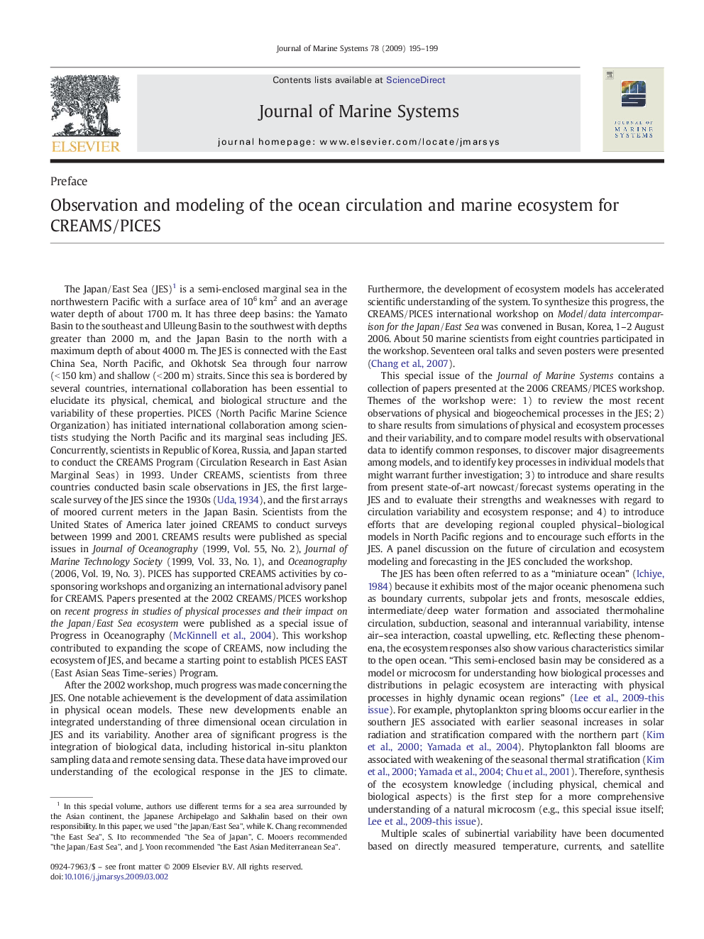Observation and modeling of the ocean circulation and marine ecosystem for CREAMS/PICES