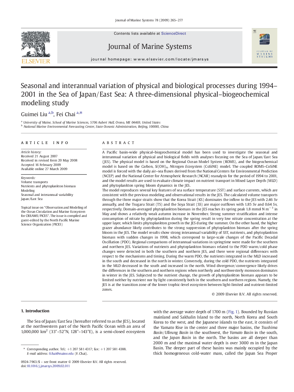 Seasonal and interannual variation of physical and biological processes during 1994–2001 in the Sea of Japan/East Sea: A three-dimensional physical–biogeochemical modeling study