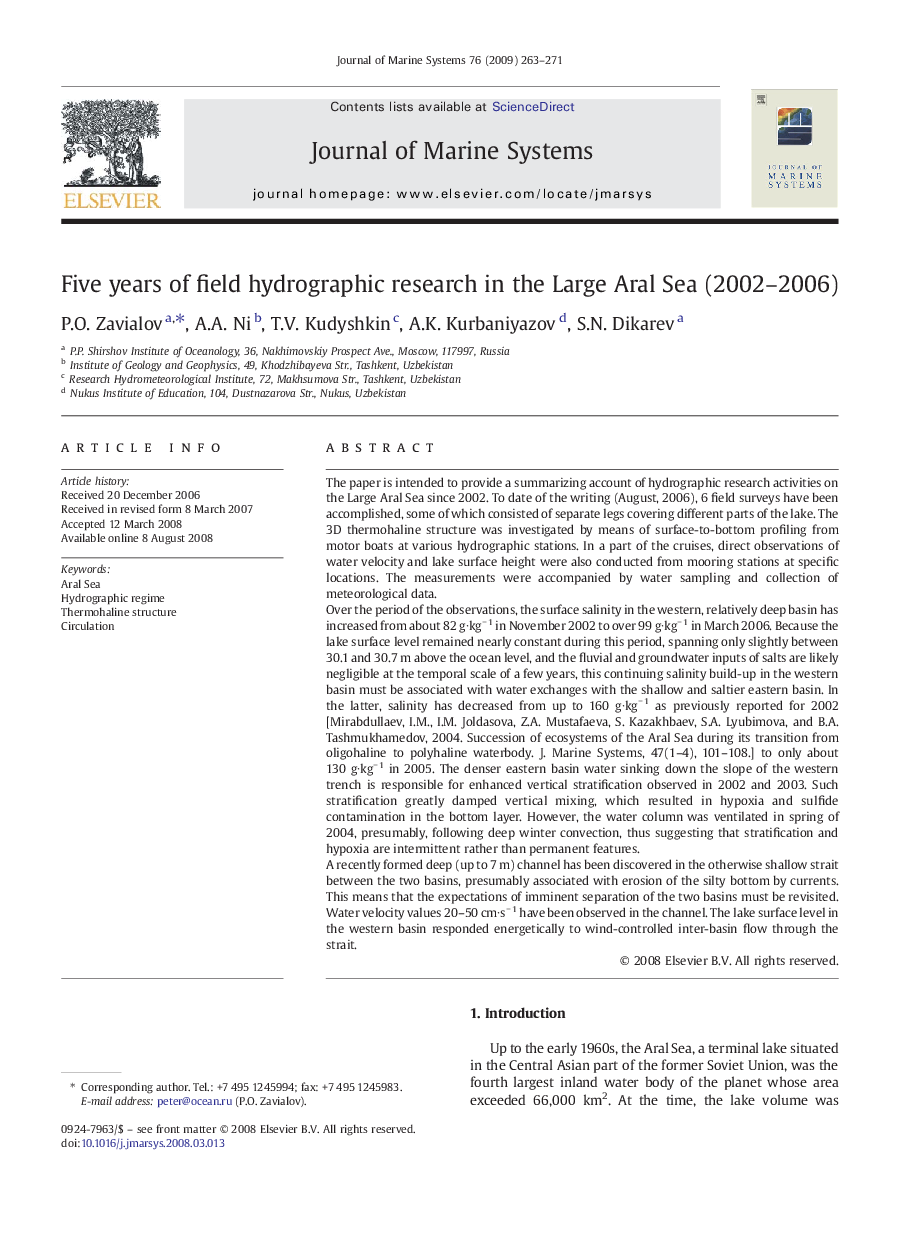 Five years of field hydrographic research in the Large Aral Sea (2002–2006)