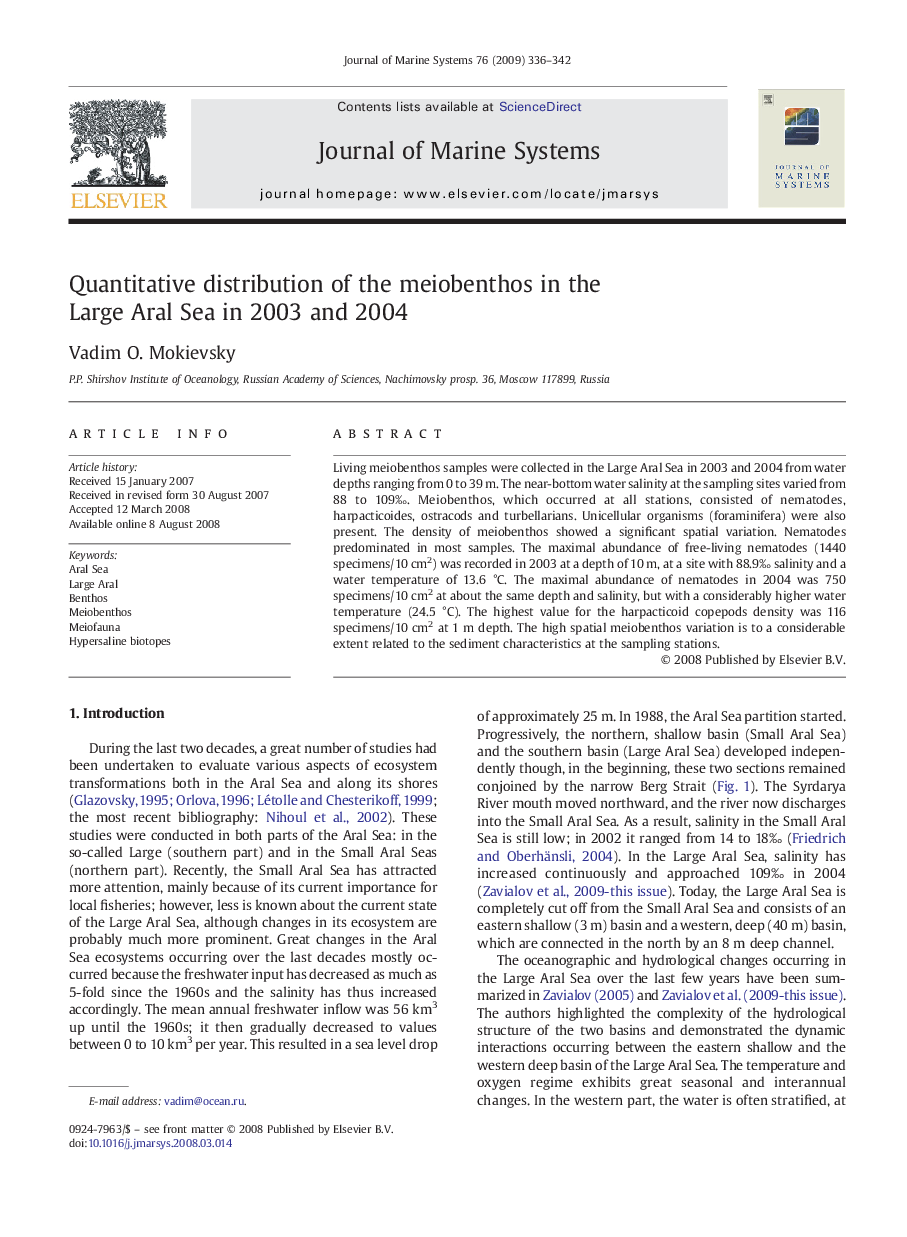 Quantitative distribution of the meiobenthos in the Large Aral Sea in 2003 and 2004