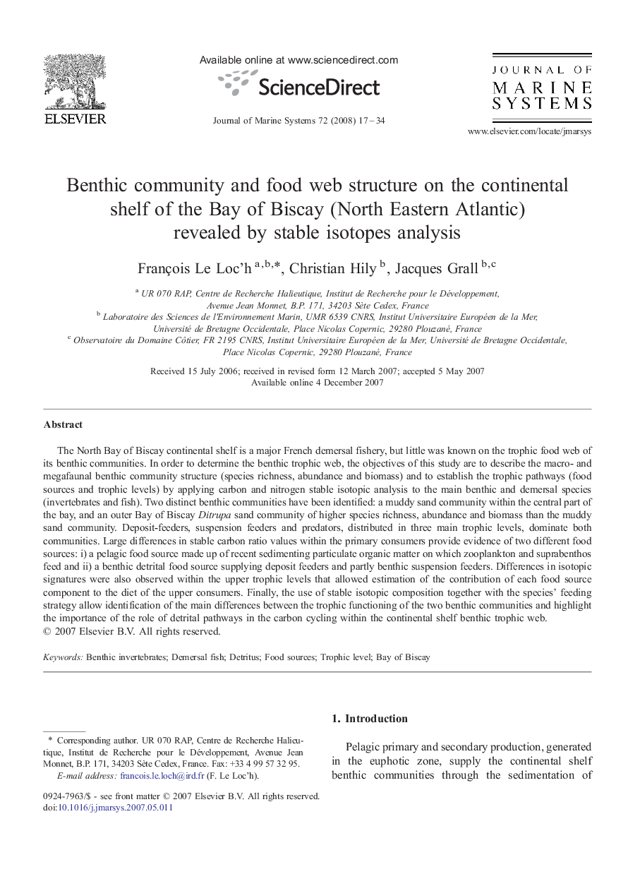 Benthic community and food web structure on the continental shelf of the Bay of Biscay (North Eastern Atlantic) revealed by stable isotopes analysis