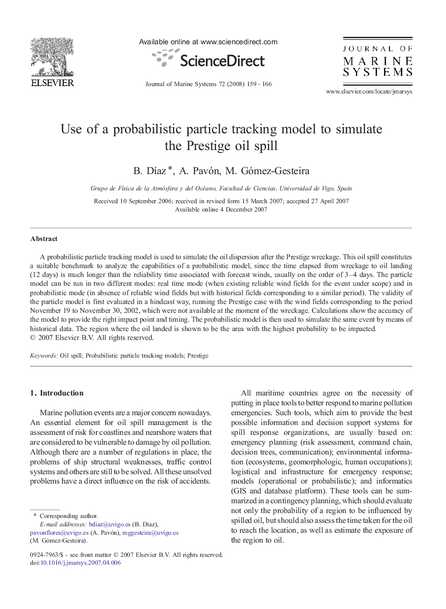 Use of a probabilistic particle tracking model to simulate the Prestige oil spill