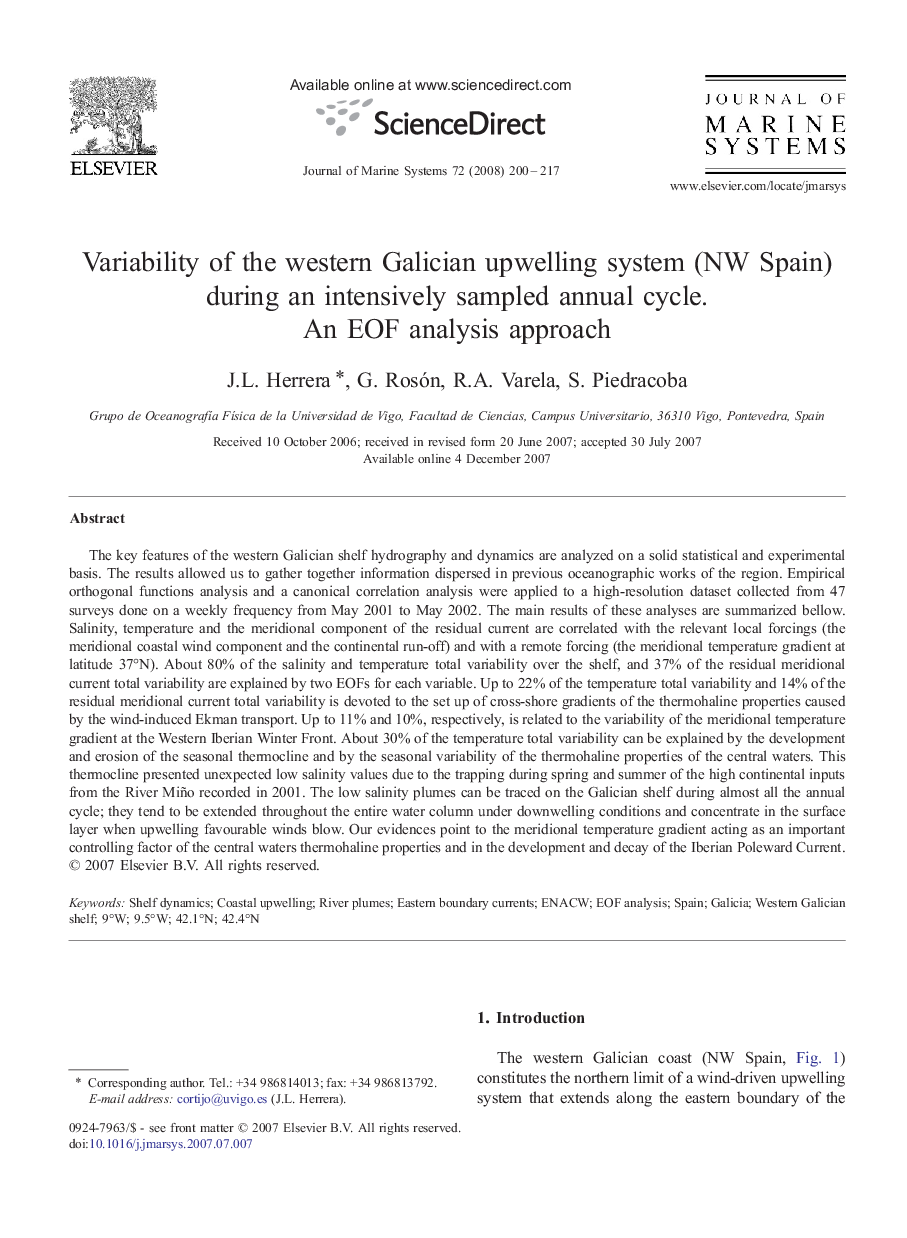 Variability of the western Galician upwelling system (NW Spain) during an intensively sampled annual cycle. An EOF analysis approach