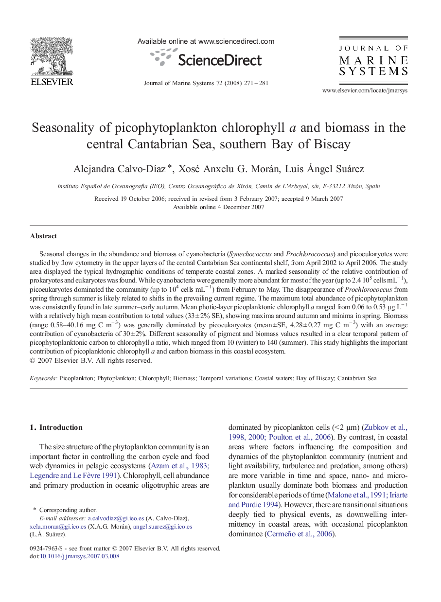 Seasonality of picophytoplankton chlorophyll a and biomass in the central Cantabrian Sea, southern Bay of Biscay