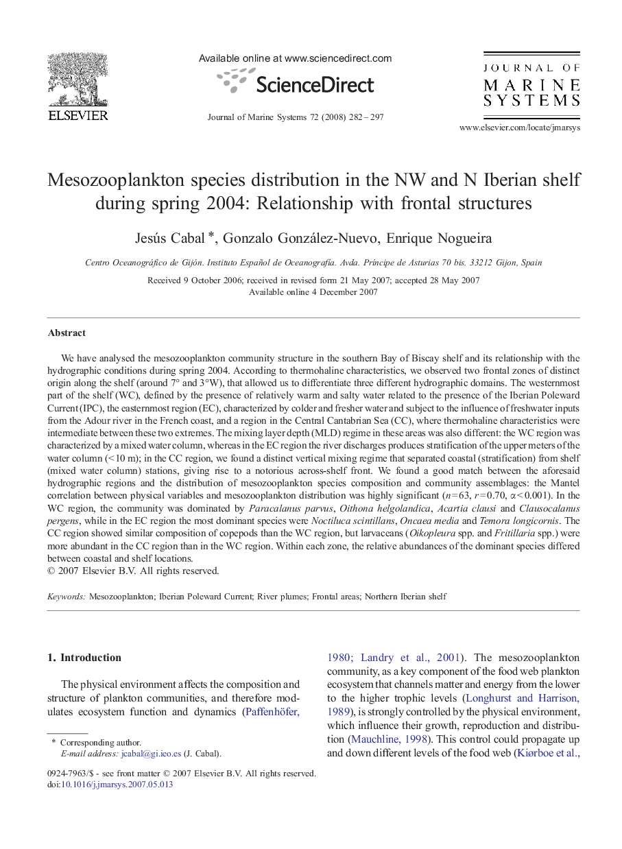 Mesozooplankton species distribution in the NW and N Iberian shelf during spring 2004: Relationship with frontal structures