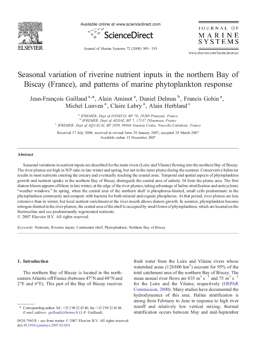 Seasonal variation of riverine nutrient inputs in the northern Bay of Biscay (France), and patterns of marine phytoplankton response