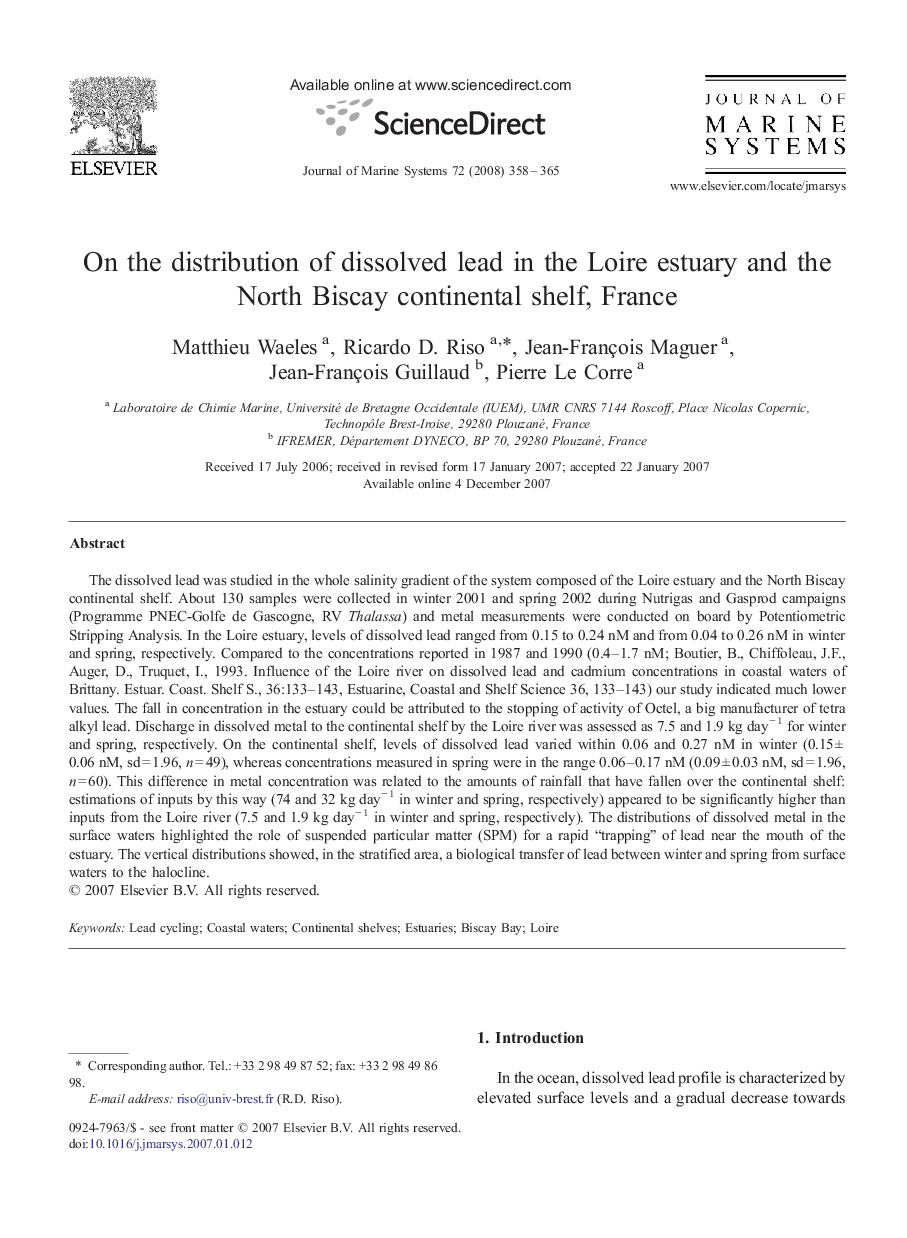 On the distribution of dissolved lead in the Loire estuary and the North Biscay continental shelf, France