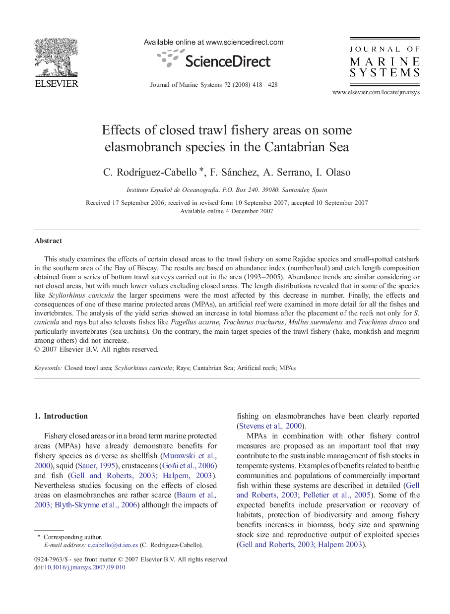 Effects of closed trawl fishery areas on some elasmobranch species in the Cantabrian Sea