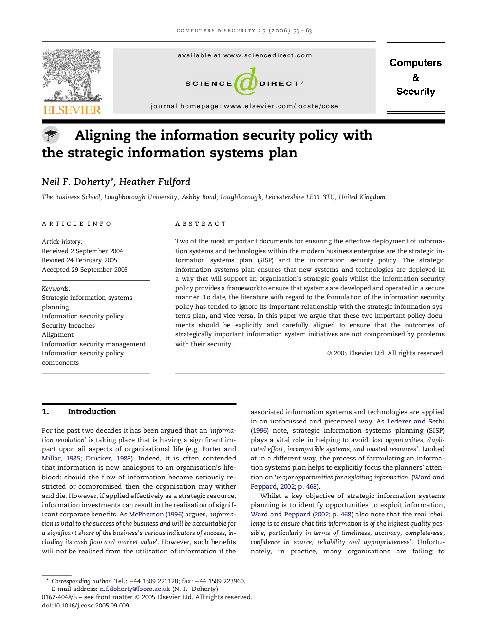 Aligning the information security policy with the strategic information systems plan