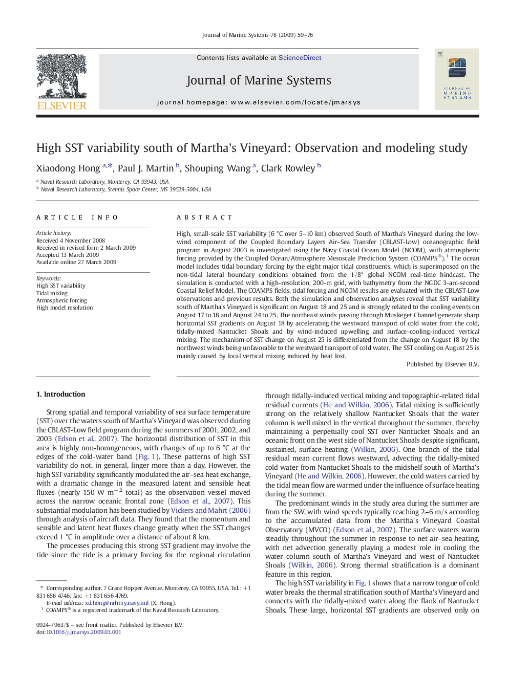 High SST variability south of Martha's Vineyard: Observation and modeling study