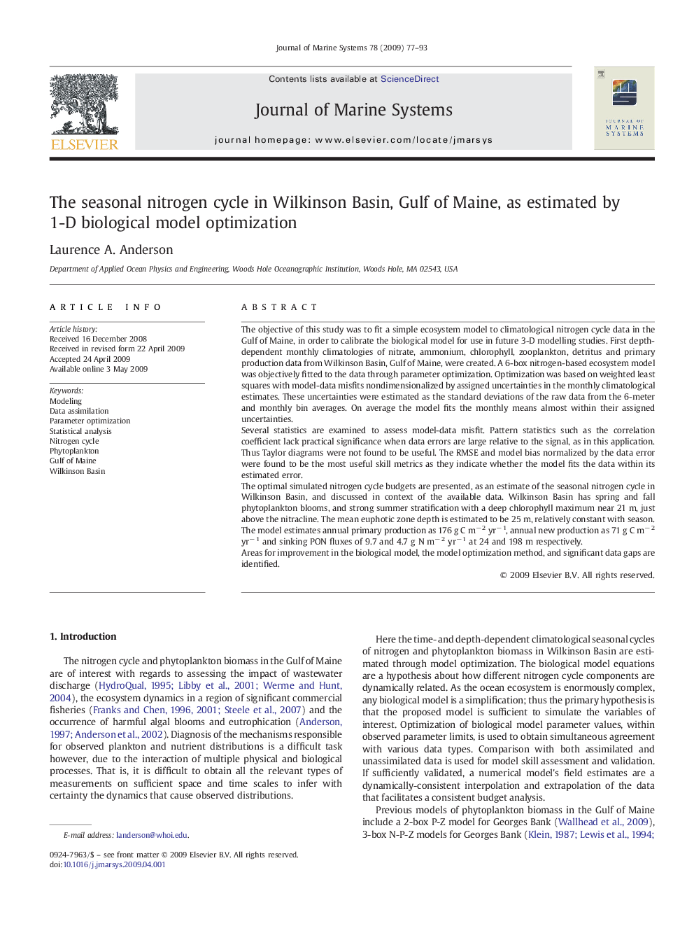 The seasonal nitrogen cycle in Wilkinson Basin, Gulf of Maine, as estimated by 1-D biological model optimization