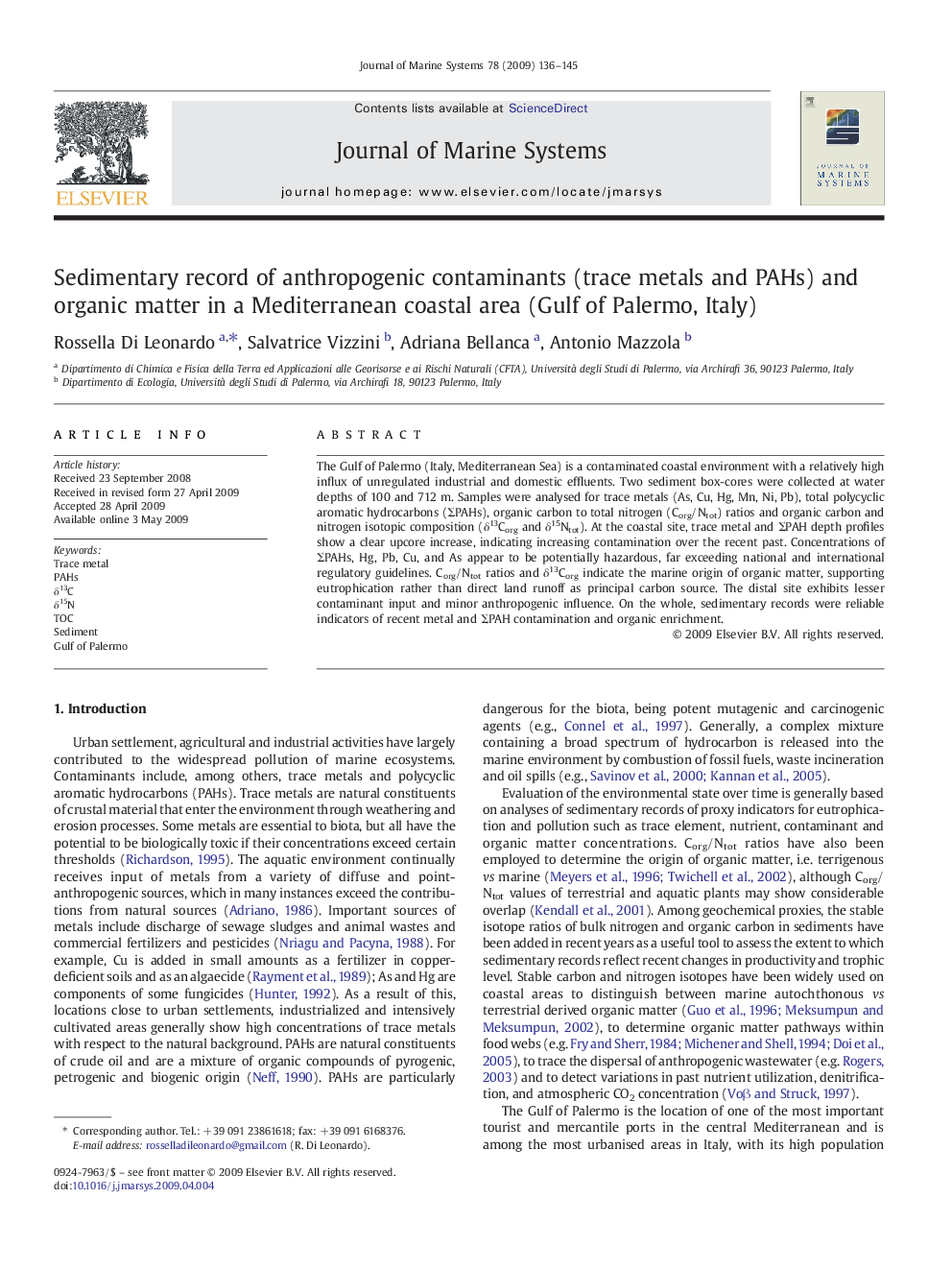 Sedimentary record of anthropogenic contaminants (trace metals and PAHs) and organic matter in a Mediterranean coastal area (Gulf of Palermo, Italy)