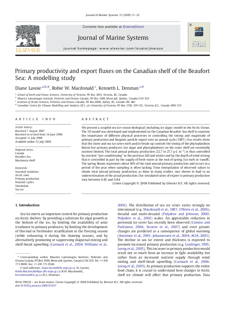 Primary productivity and export fluxes on the Canadian shelf of the Beaufort Sea: A modelling study