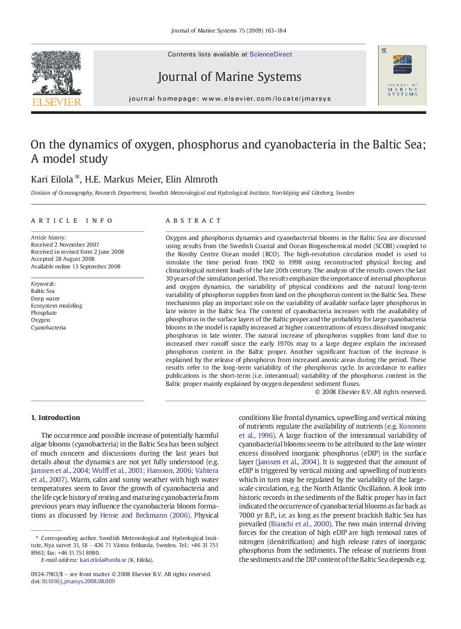 On the dynamics of oxygen, phosphorus and cyanobacteria in the Baltic Sea; A model study