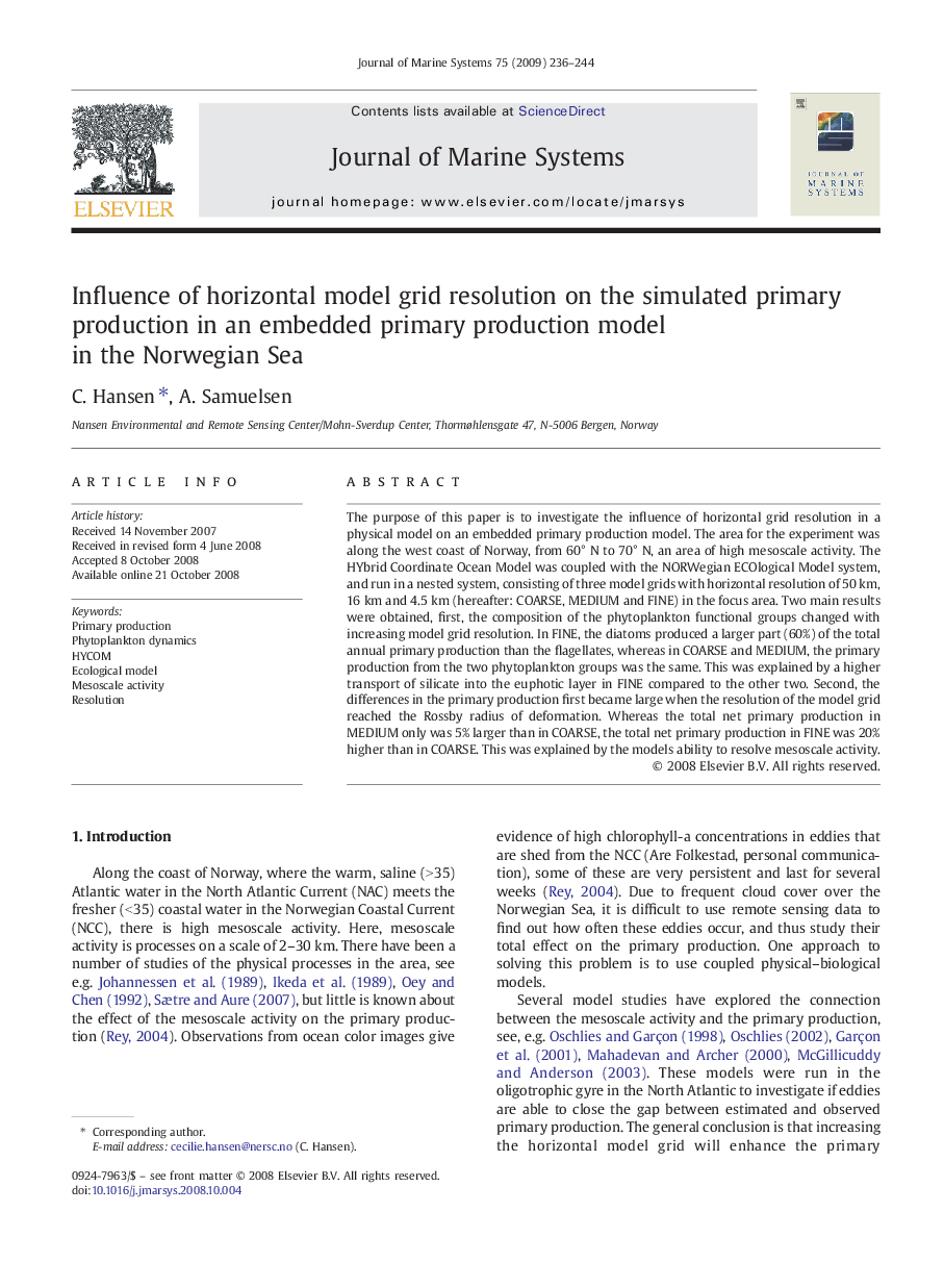 Influence of horizontal model grid resolution on the simulated primary production in an embedded primary production model in the Norwegian Sea