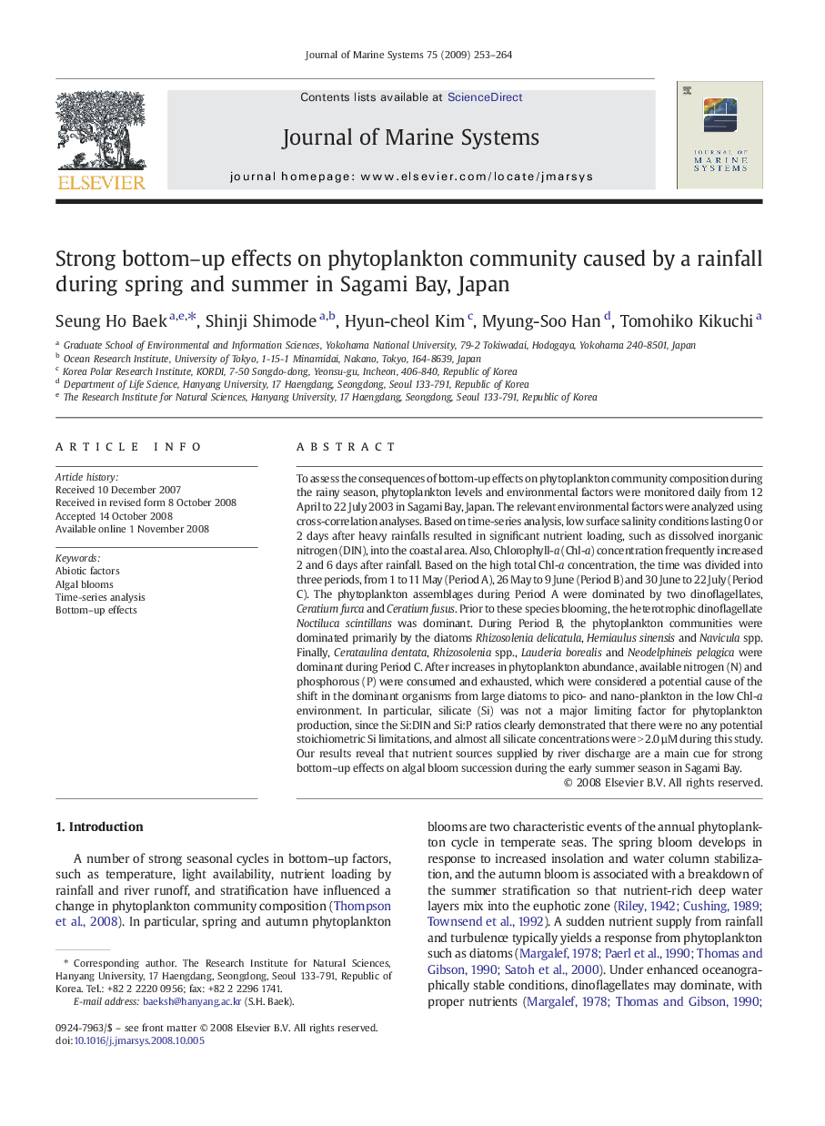 Strong bottom–up effects on phytoplankton community caused by a rainfall during spring and summer in Sagami Bay, Japan