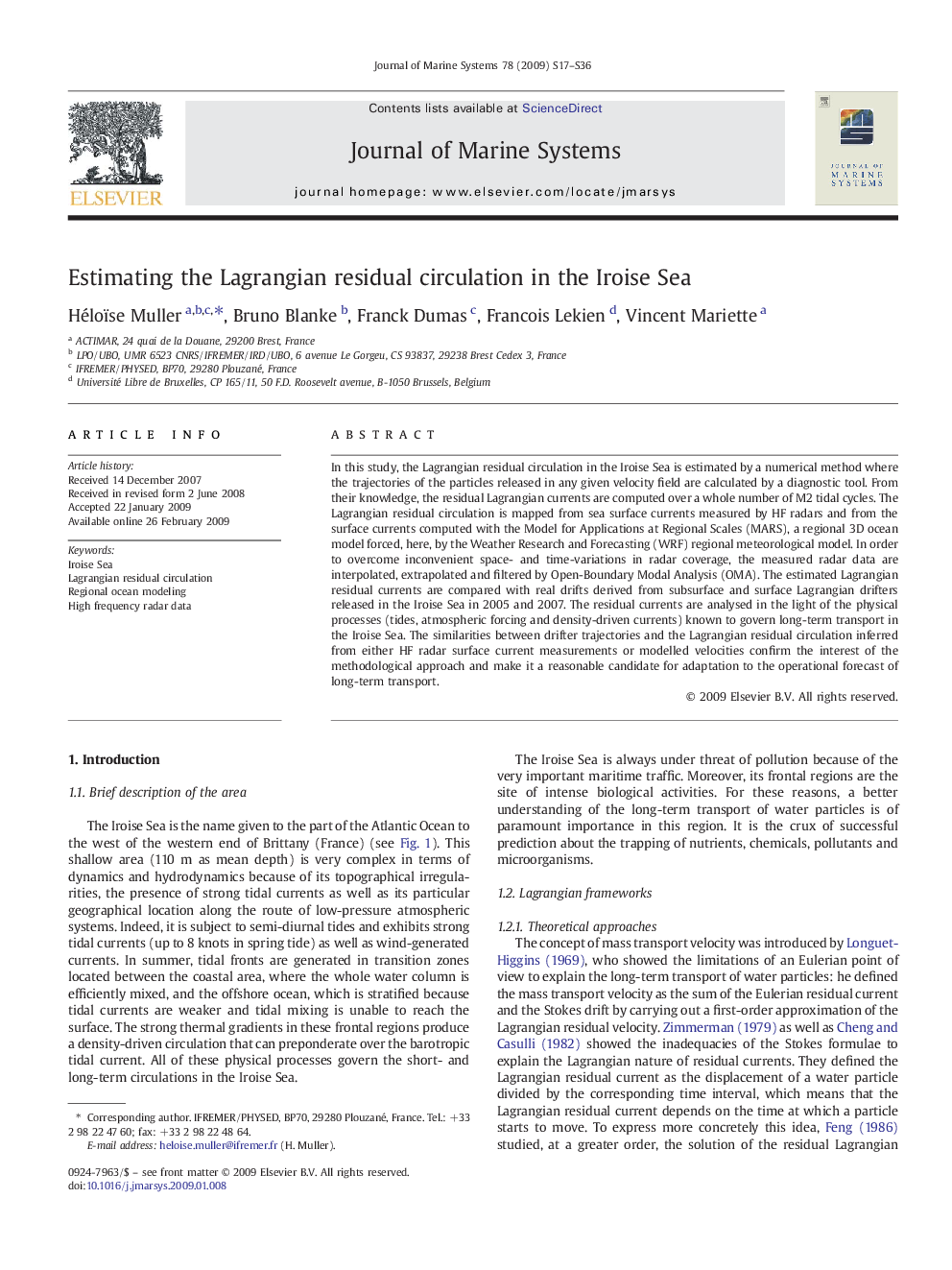 Estimating the Lagrangian residual circulation in the Iroise Sea