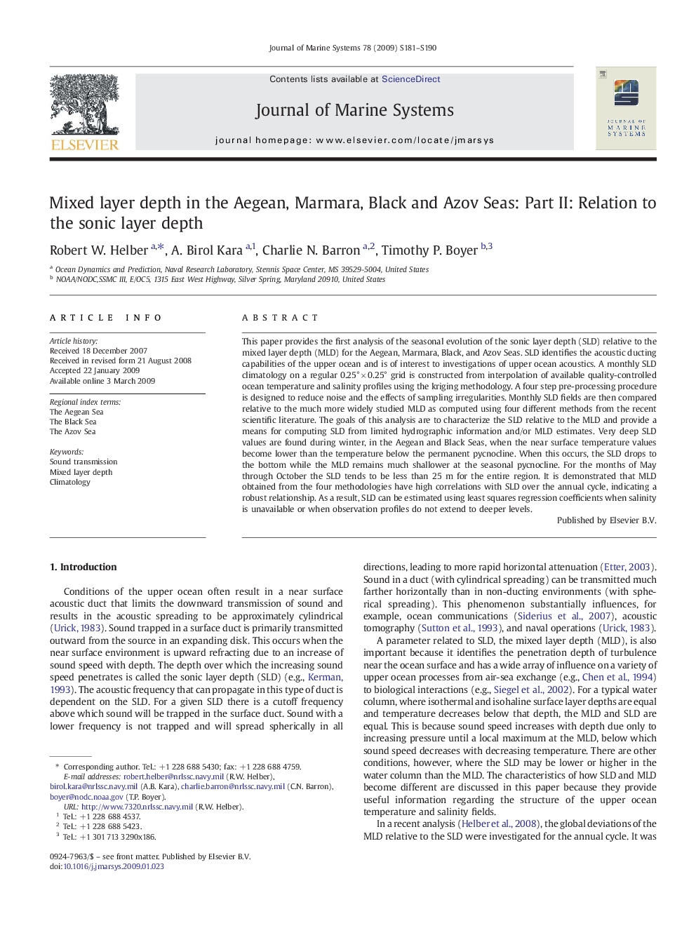 Mixed layer depth in the Aegean, Marmara, Black and Azov Seas: Part II: Relation to the sonic layer depth