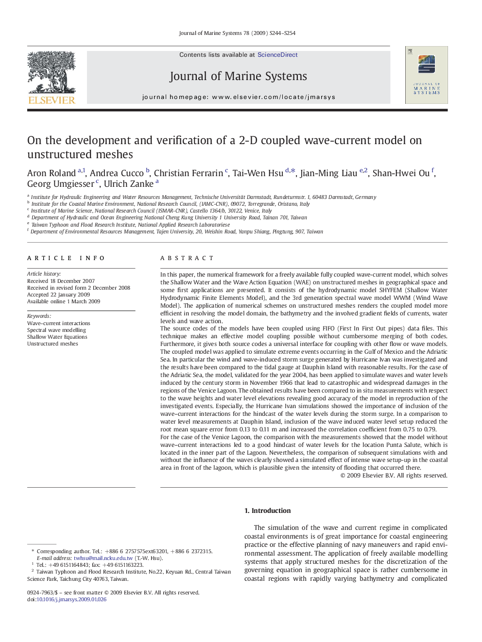 On the development and verification of a 2-D coupled wave-current model on unstructured meshes