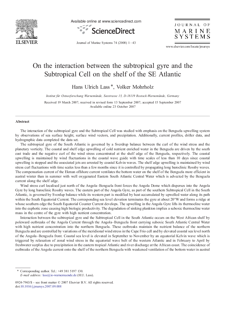 On the interaction between the subtropical gyre and the Subtropical Cell on the shelf of the SE Atlantic