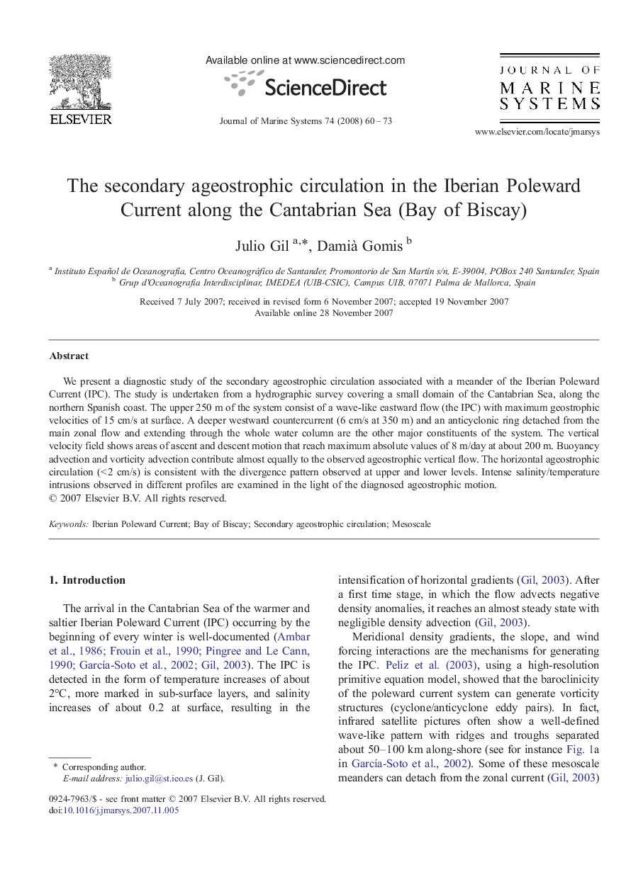 The secondary ageostrophic circulation in the Iberian Poleward Current along the Cantabrian Sea (Bay of Biscay)