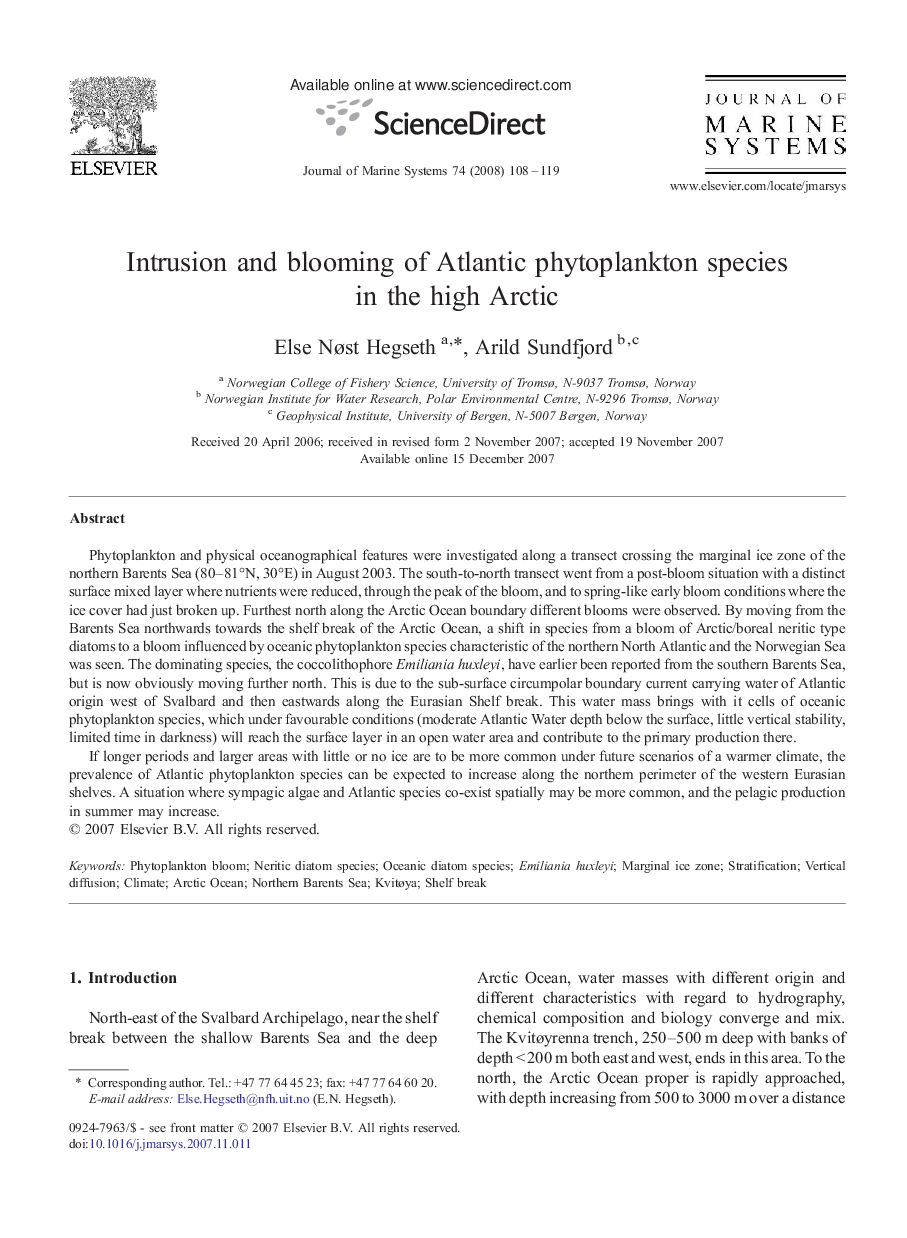 Intrusion and blooming of Atlantic phytoplankton species in the high Arctic