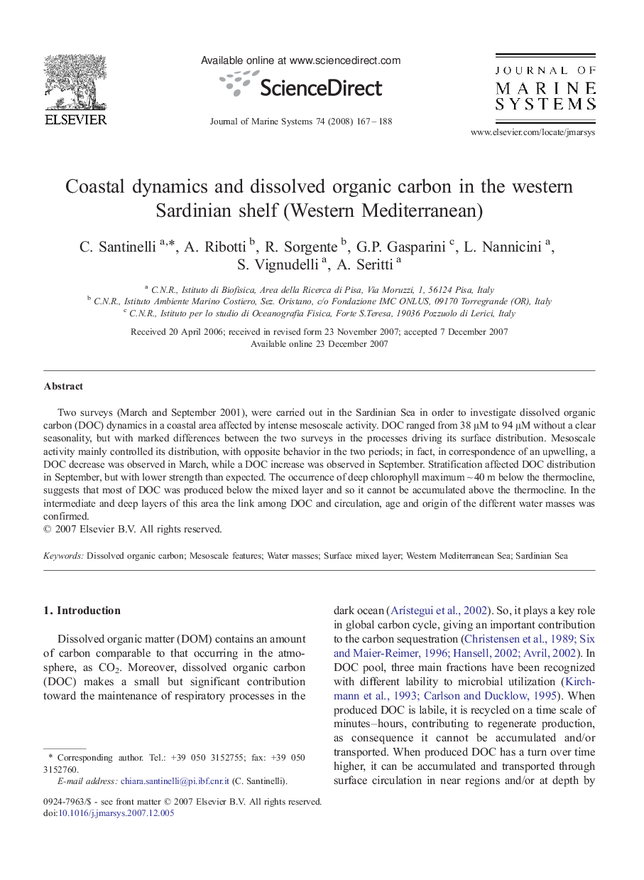 Coastal dynamics and dissolved organic carbon in the western Sardinian shelf (Western Mediterranean)