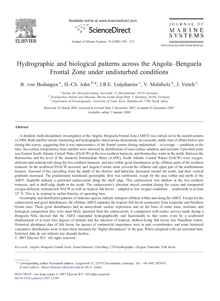 Hydrographic and biological patterns across the Angola-Benguela Frontal Zone under undisturbed conditions