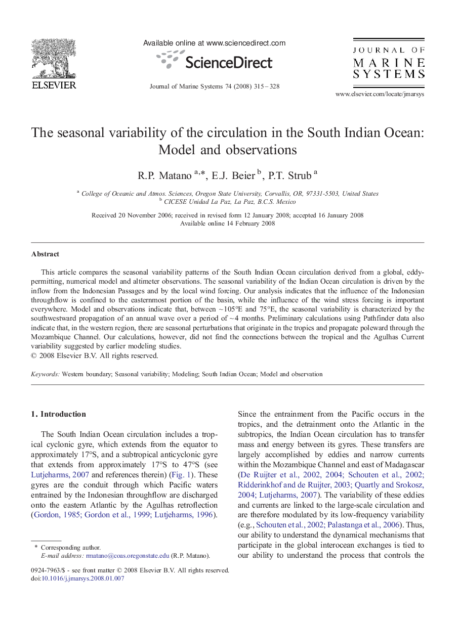 The seasonal variability of the circulation in the South Indian Ocean: Model and observations