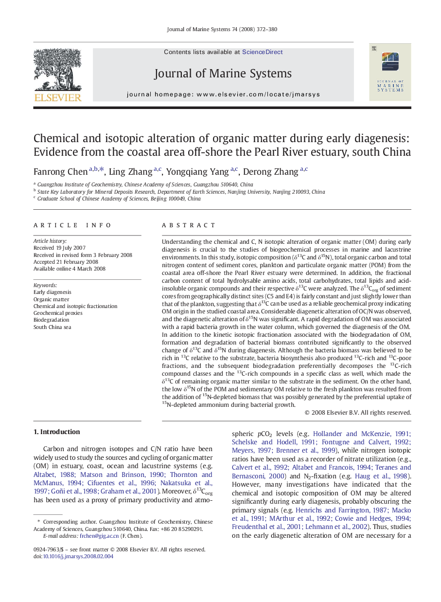 Chemical and isotopic alteration of organic matter during early diagenesis: Evidence from the coastal area off-shore the Pearl River estuary, south China