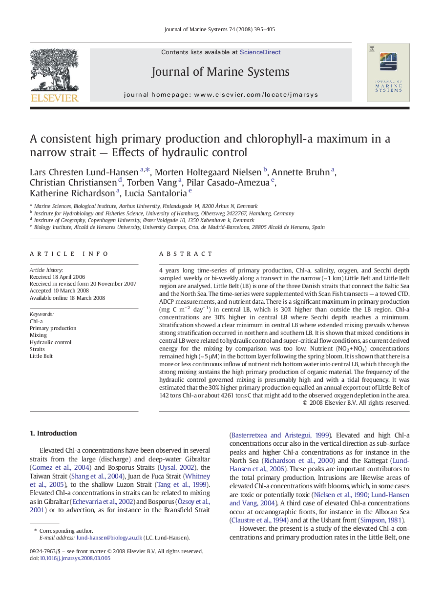 A consistent high primary production and chlorophyll-a maximum in a narrow strait — Effects of hydraulic control